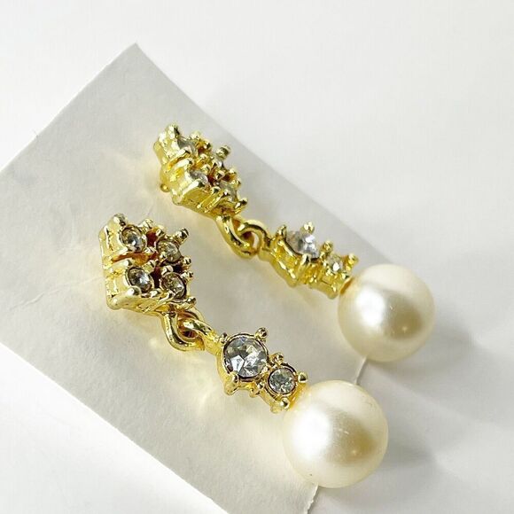 Vintage Avon Earrings Gold Tone Rhinestone Pearl Drop Sparkle Glam 80s 90s - Picture 5 of 16